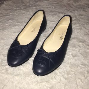 Dark Blue Leather Chanel Flats